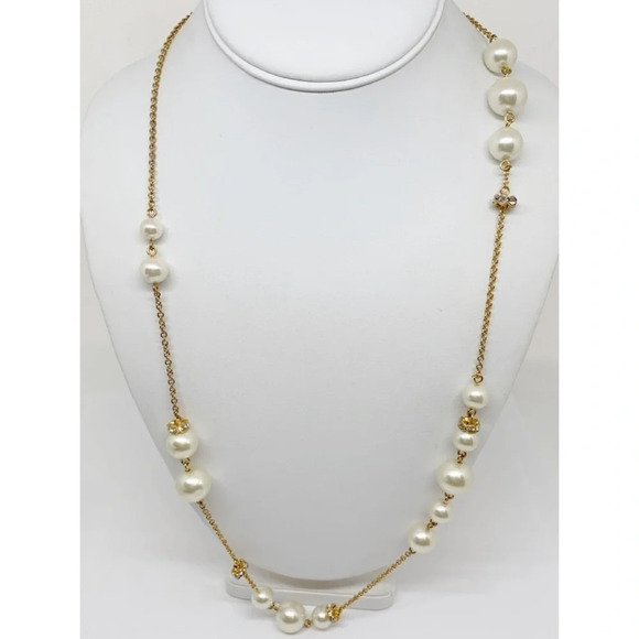 J. Crew Pearl & Crystal Rondelle Gold Necklace - Picture 1 of 2